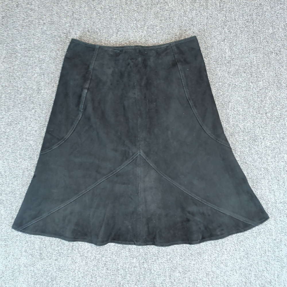VS2 90s Panelled A-Line Midi Skirt Size 8 Black 100% Goat Suede Leather Bohemian